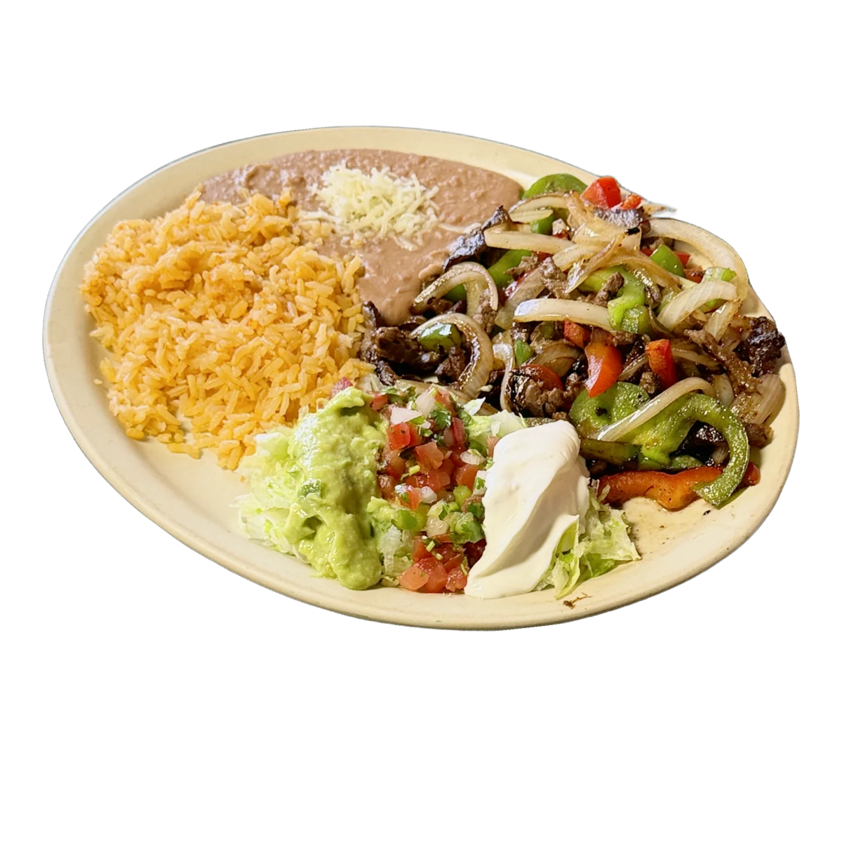 Fajita plate with grilled meat, peppers, onions, rice, beans, and salad