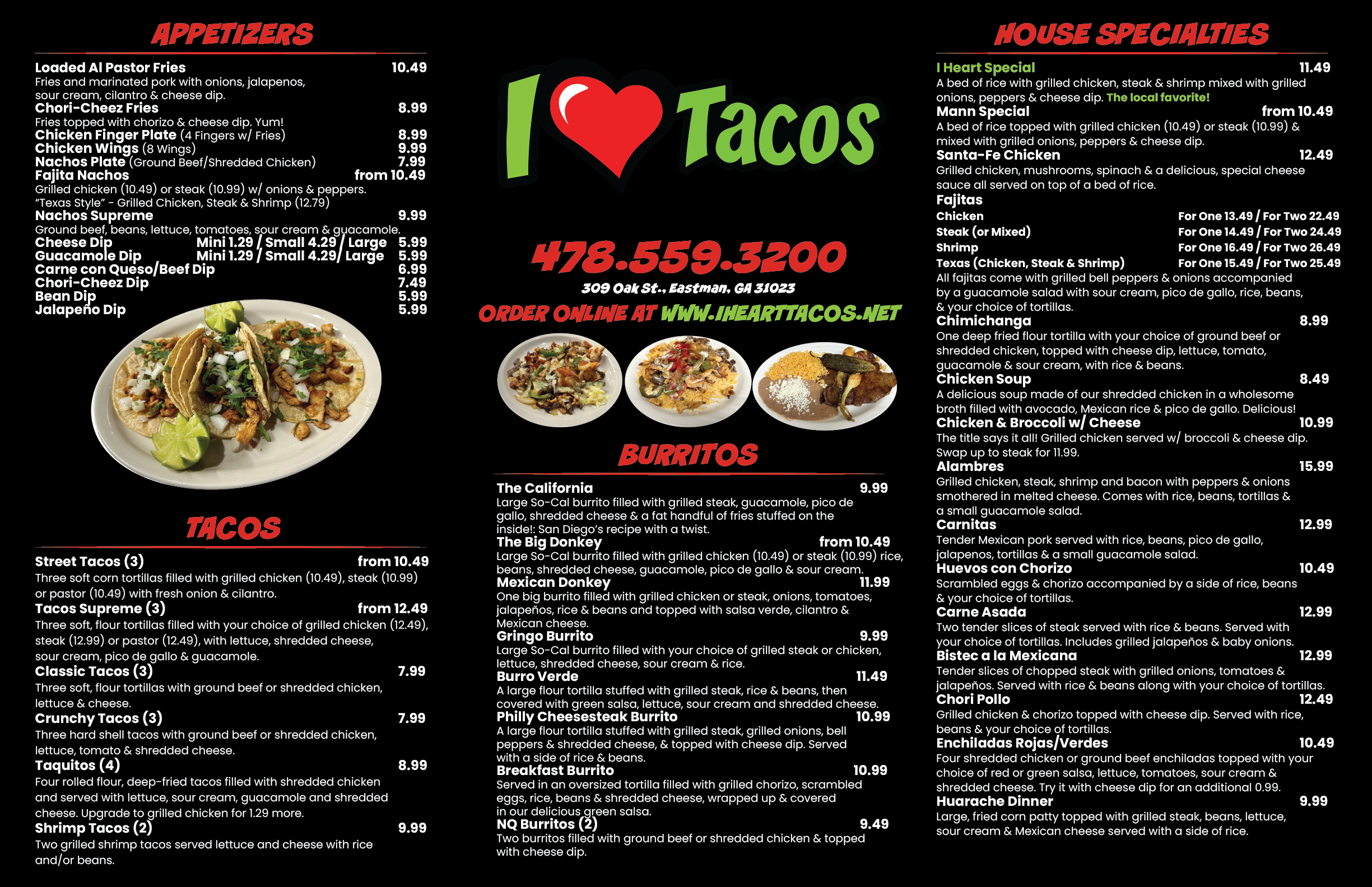 I Heart Tacos printed menu with quesadillas, salads, seafood, vegetarian items, lunch combos, desserts, and drinks.