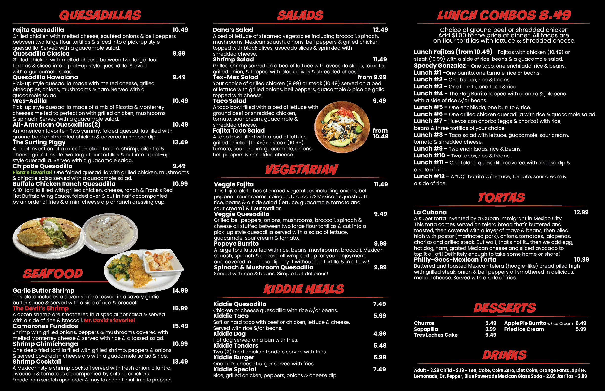 I Heart Tacos printed menu with appetizers, tacos, burritos, and house specialties.